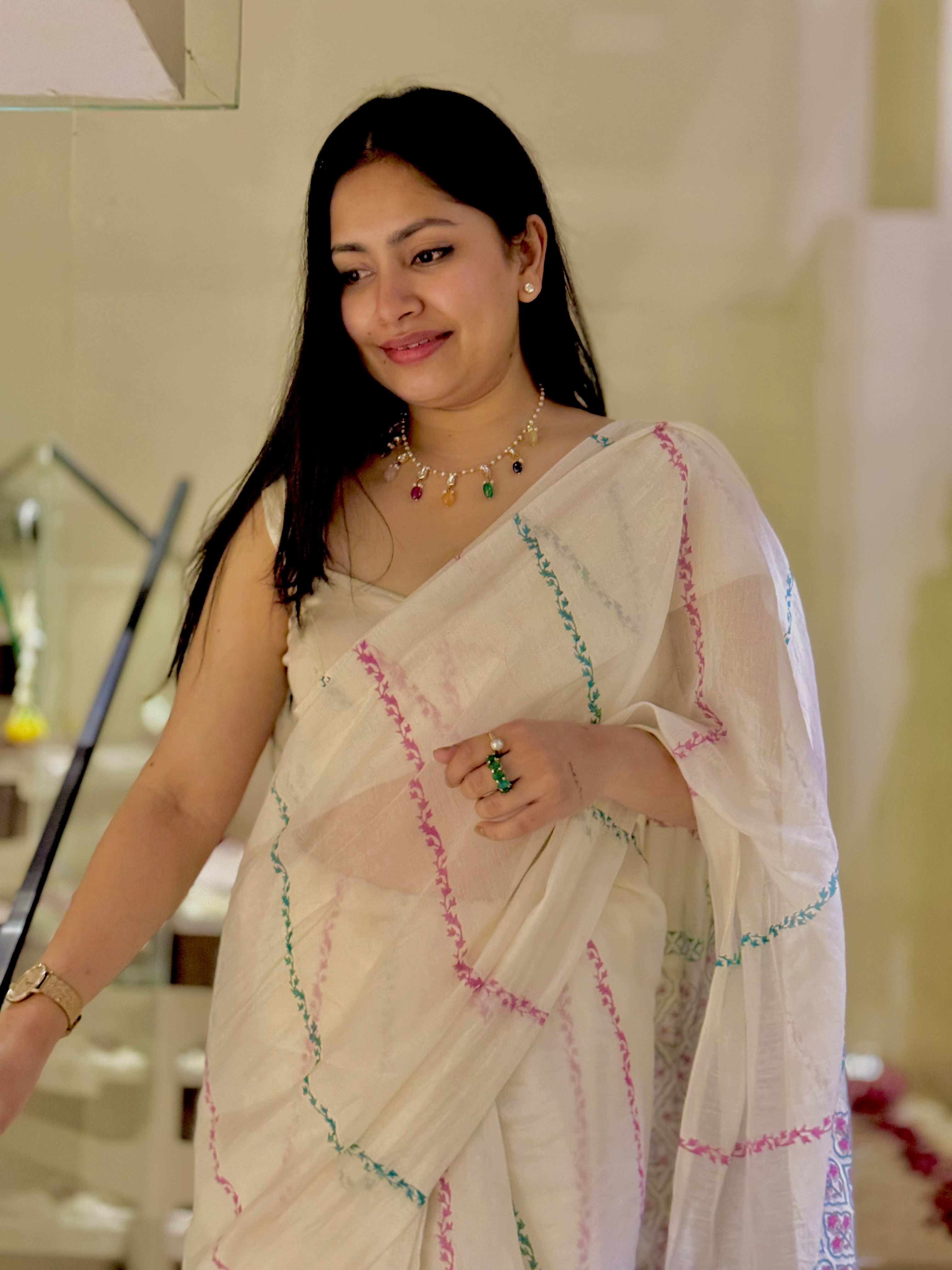 Ivory Chanderi Silk Hand-block Printed Saree