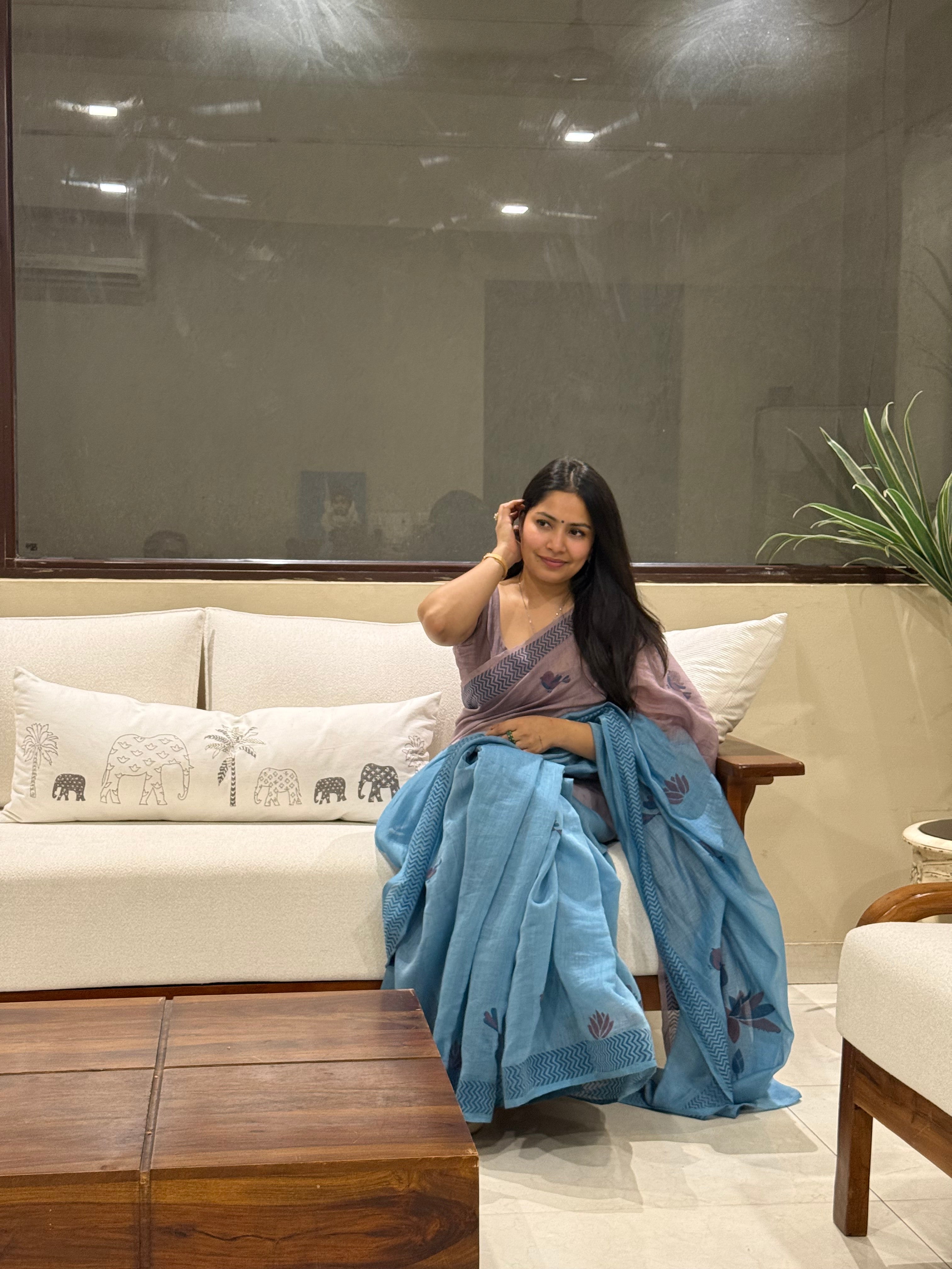 Ocean Blue Chanderi Silk Hand-block Printed Saree