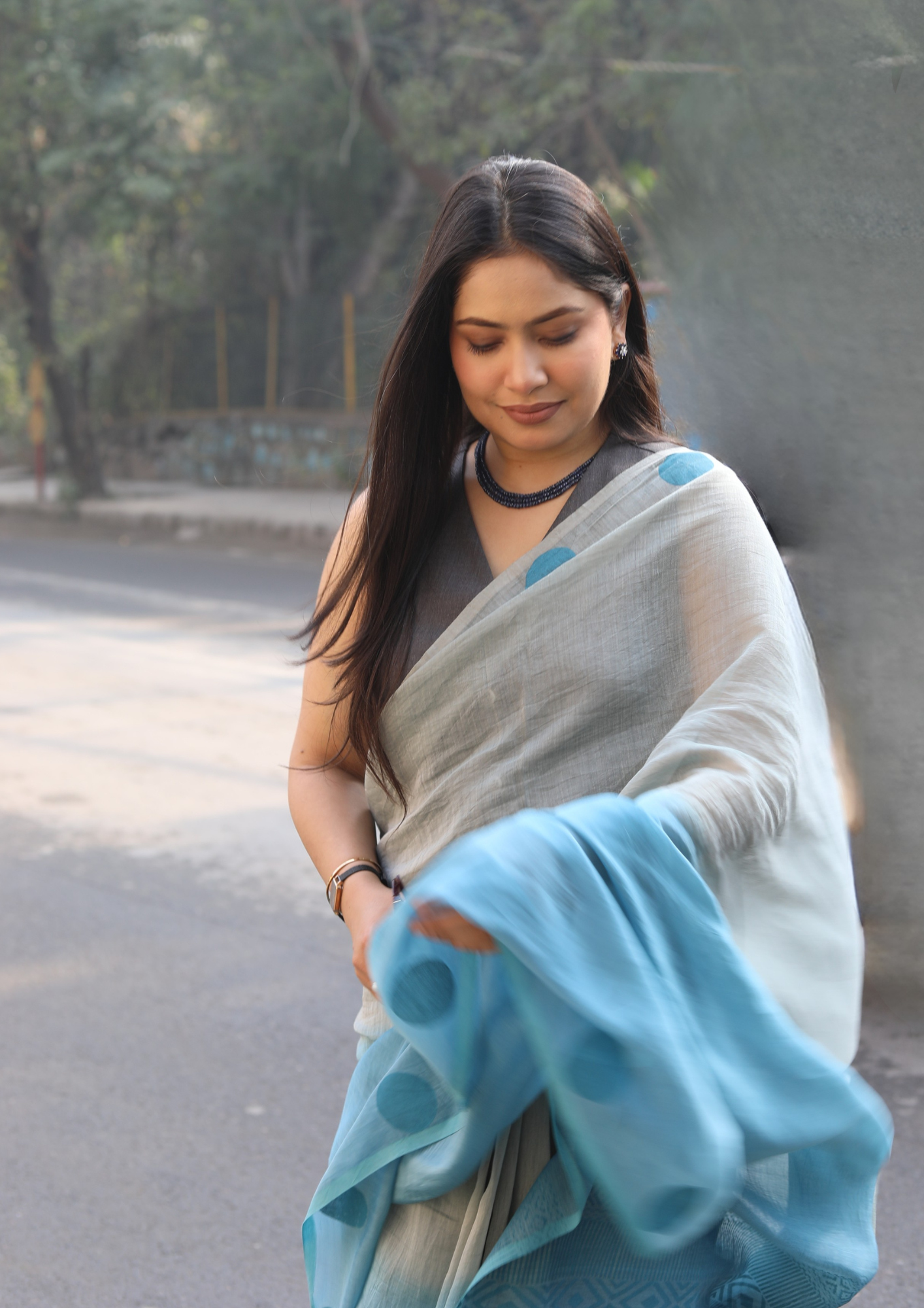 Smokey Teal Chanderi Silk Hand-block Printed Saree