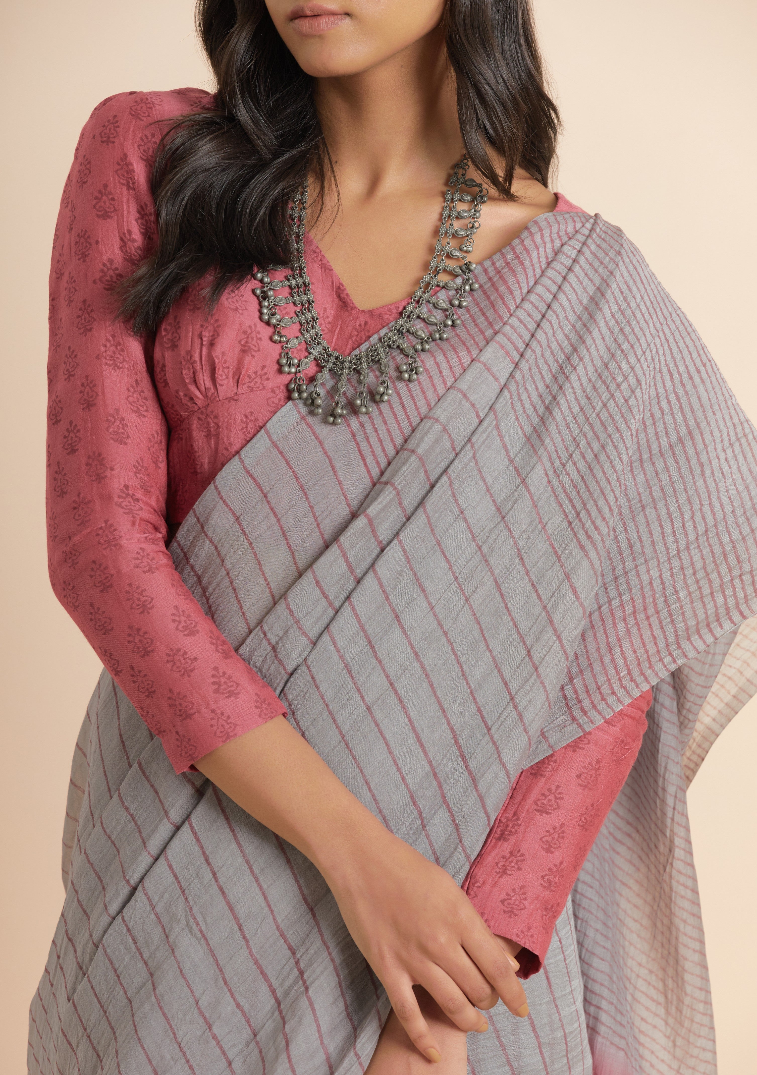 Smoke Grey Chanderi Silk Handblock Printed Saree