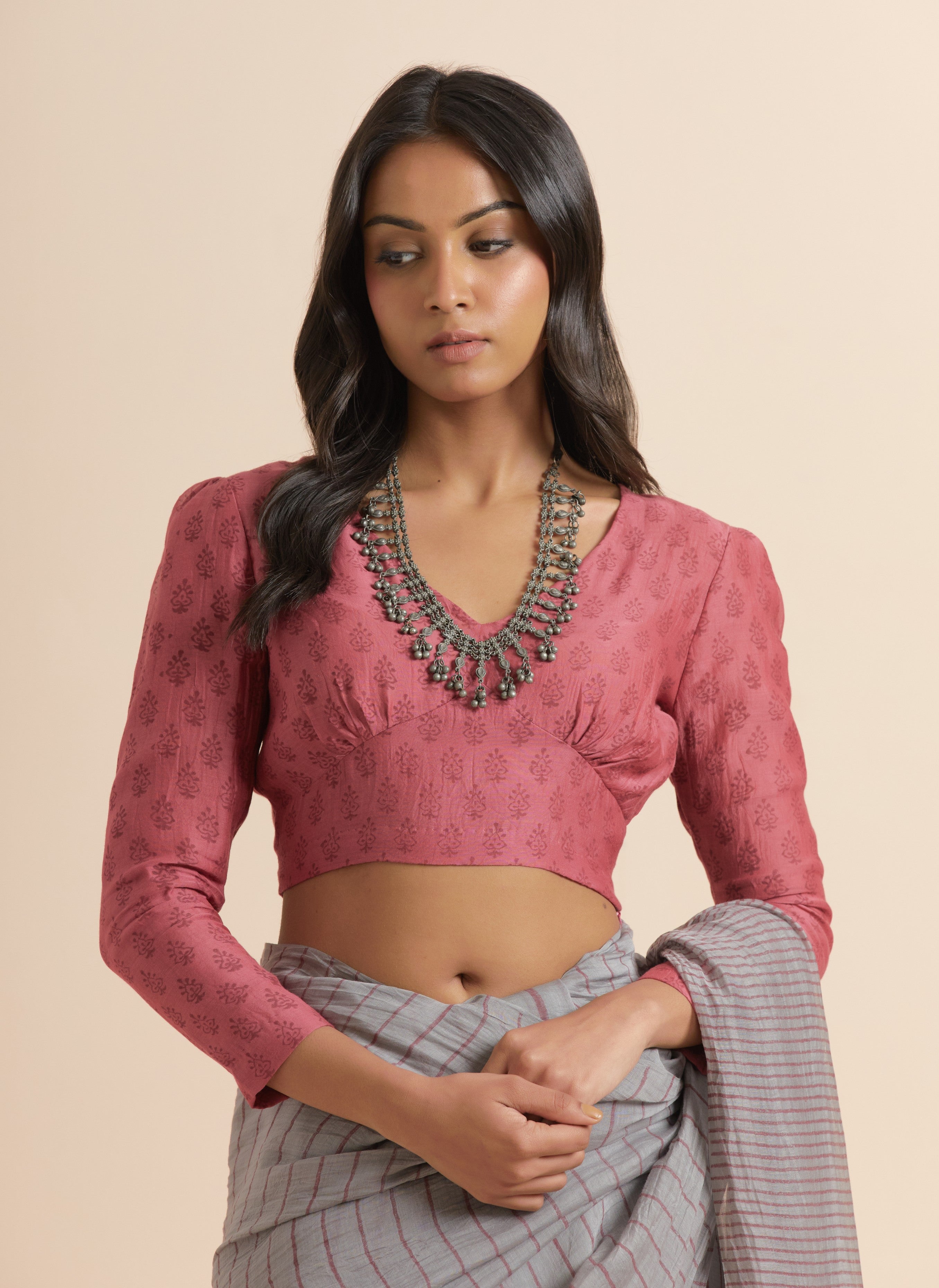 Smoke Grey Chanderi Silk Handblock Printed Saree