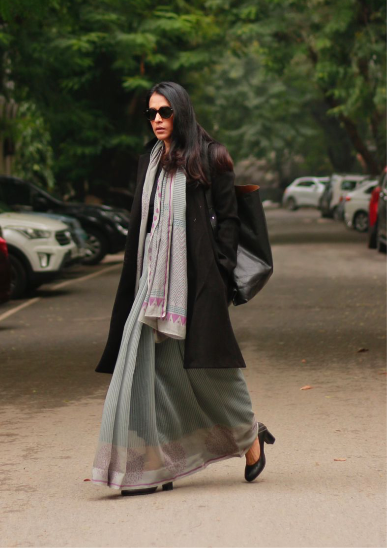 The Maven Grey Chanderi Silk Handblock Printed Saree