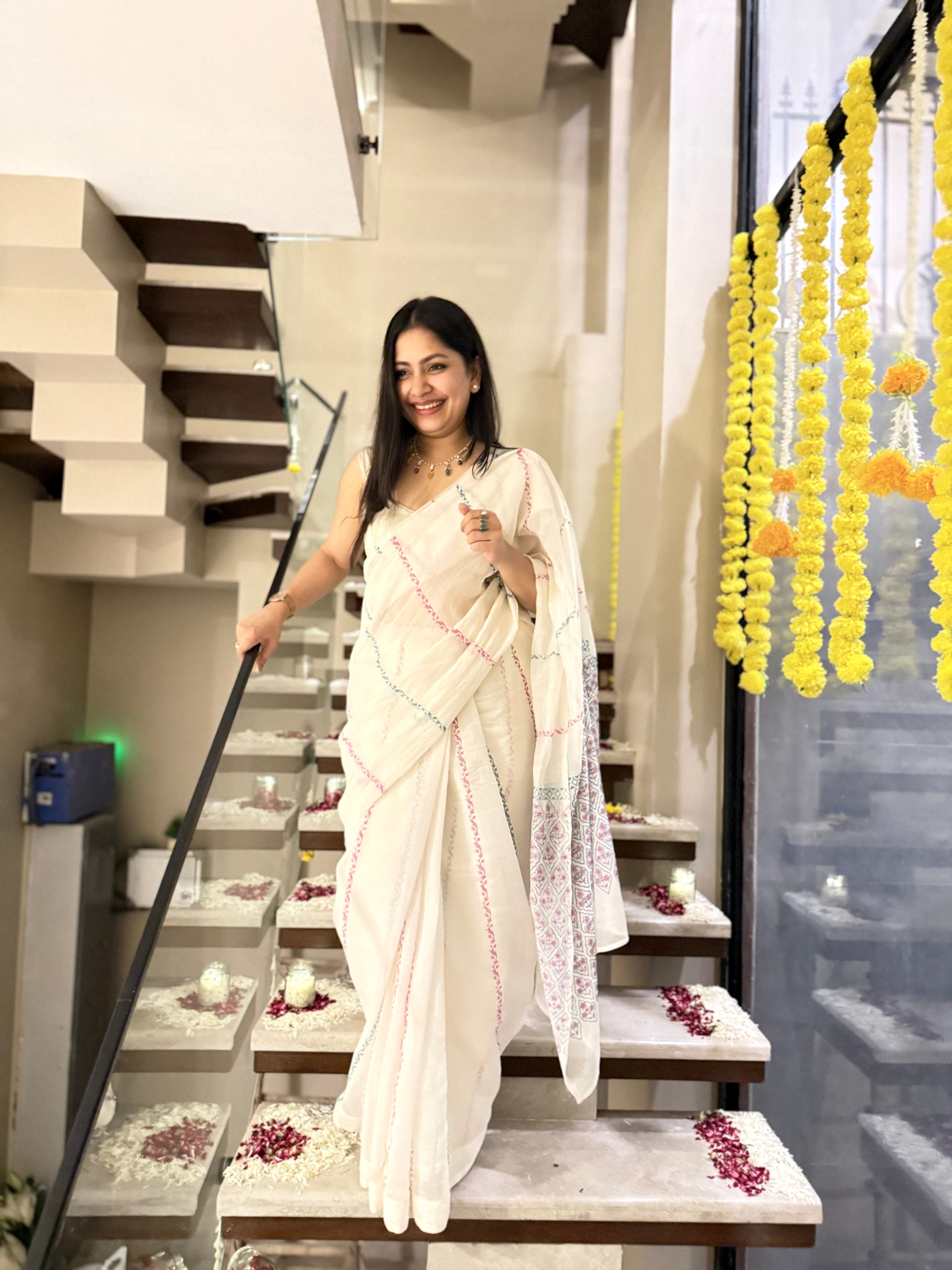 Ivory Chanderi Silk Hand-block Printed Saree