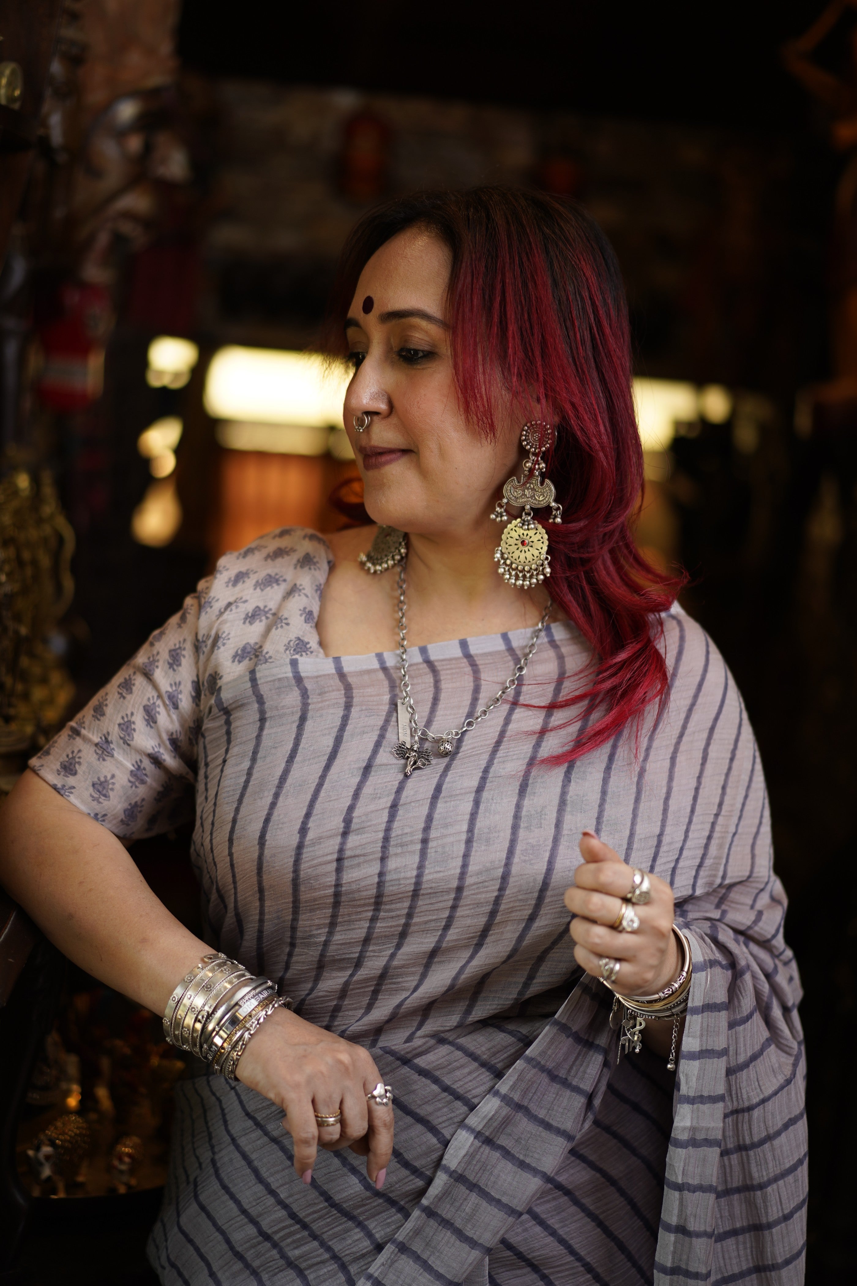 Thunder Grey Chanderi Silk Handblock Printed Saree