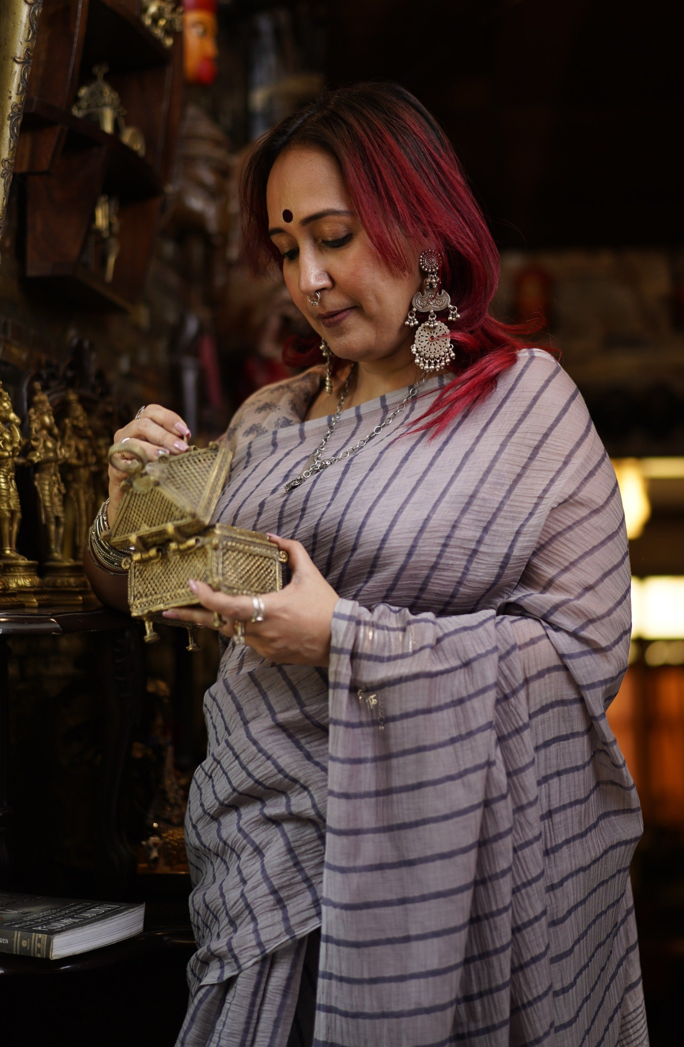 Thunder Grey Chanderi Silk Handblock Printed Saree