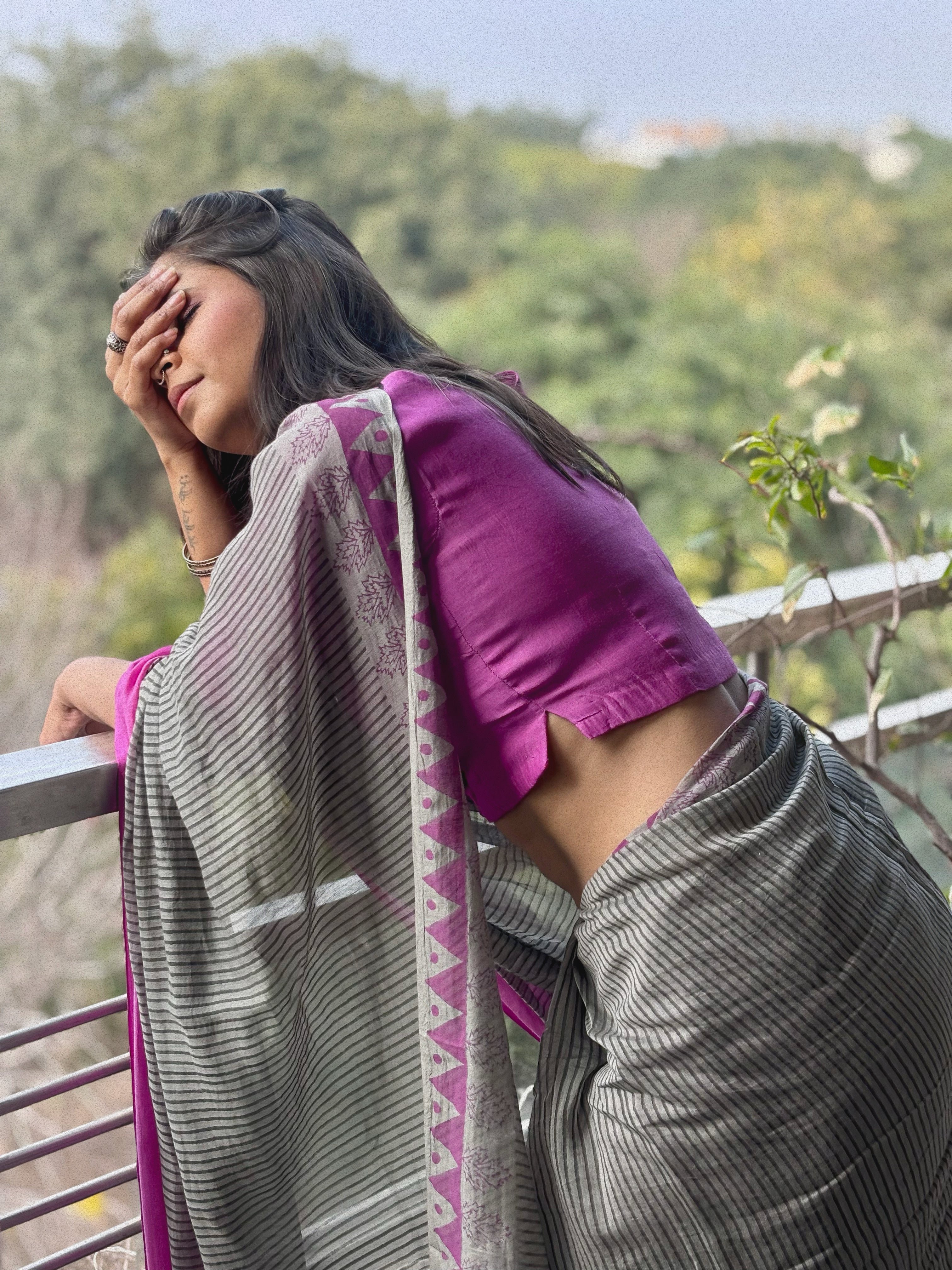 Space Grey Chanderi Silk Handblock Printed Saree