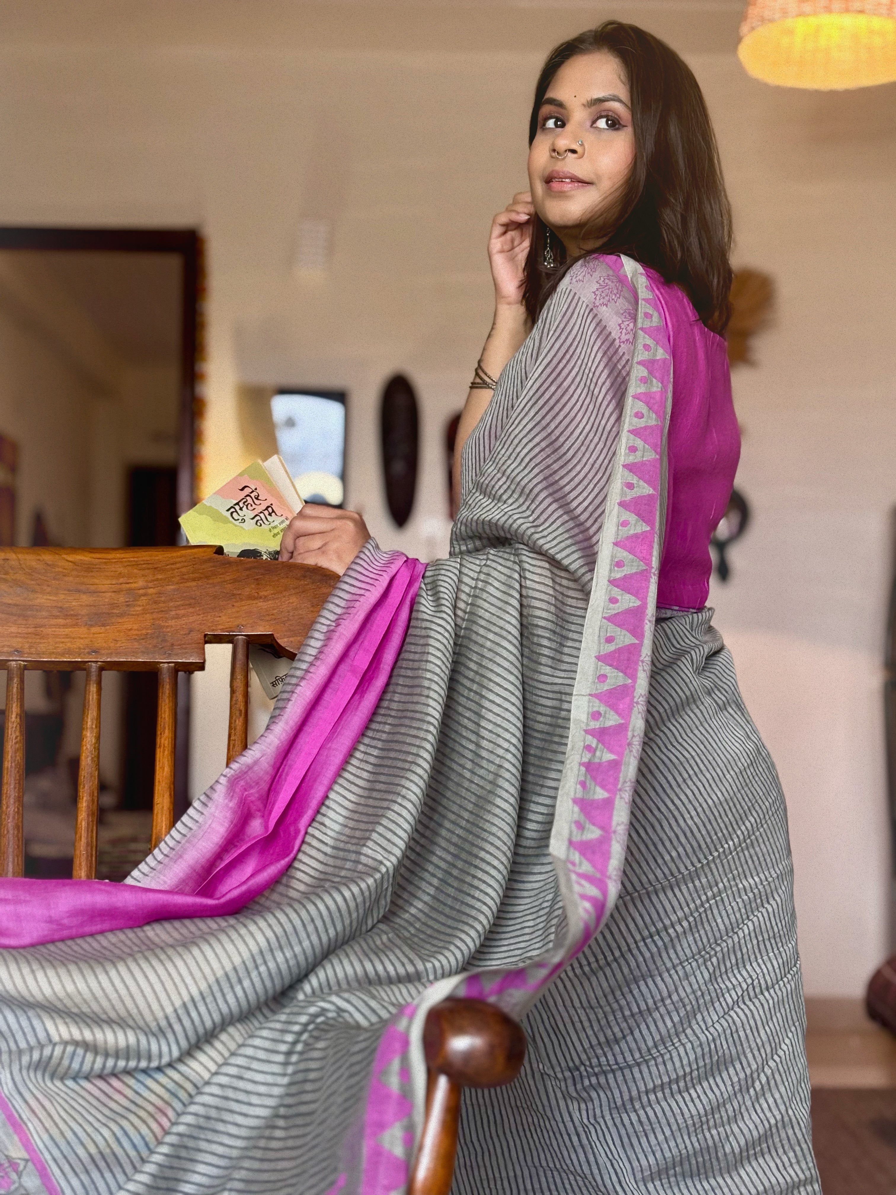 Space Grey Chanderi Silk Handblock Printed Saree