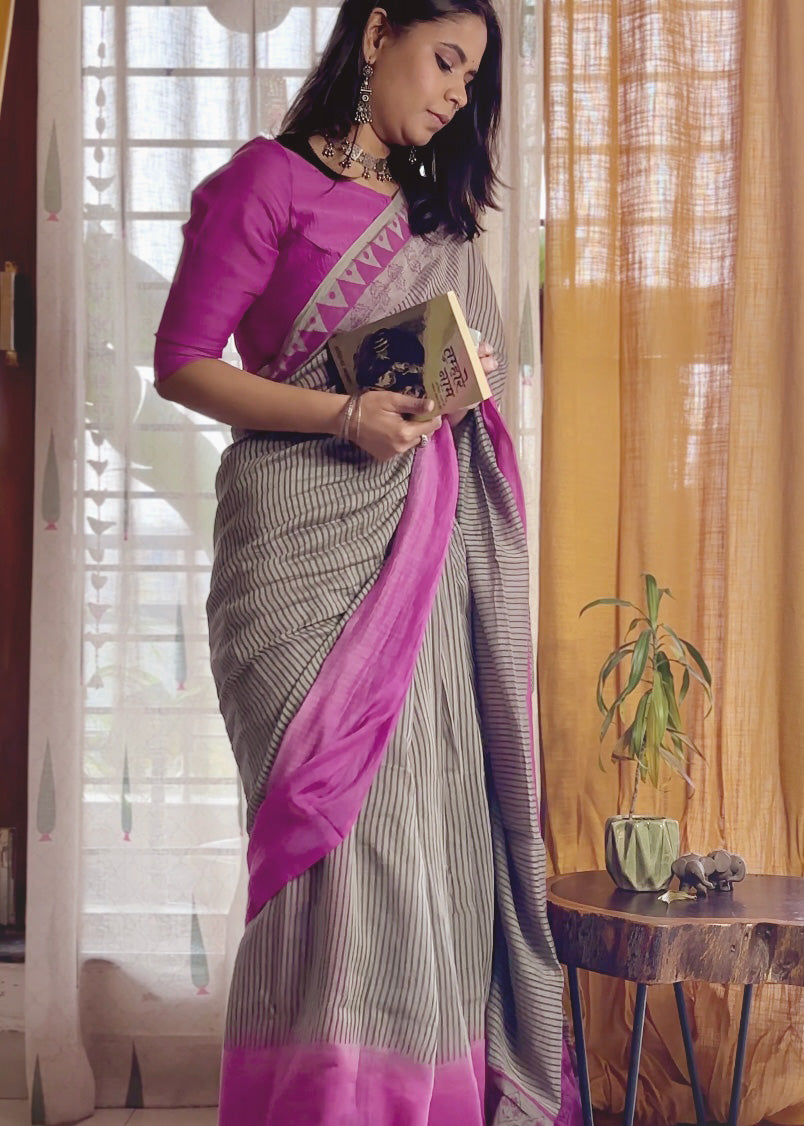 Space Grey Chanderi Silk Handblock Printed Saree