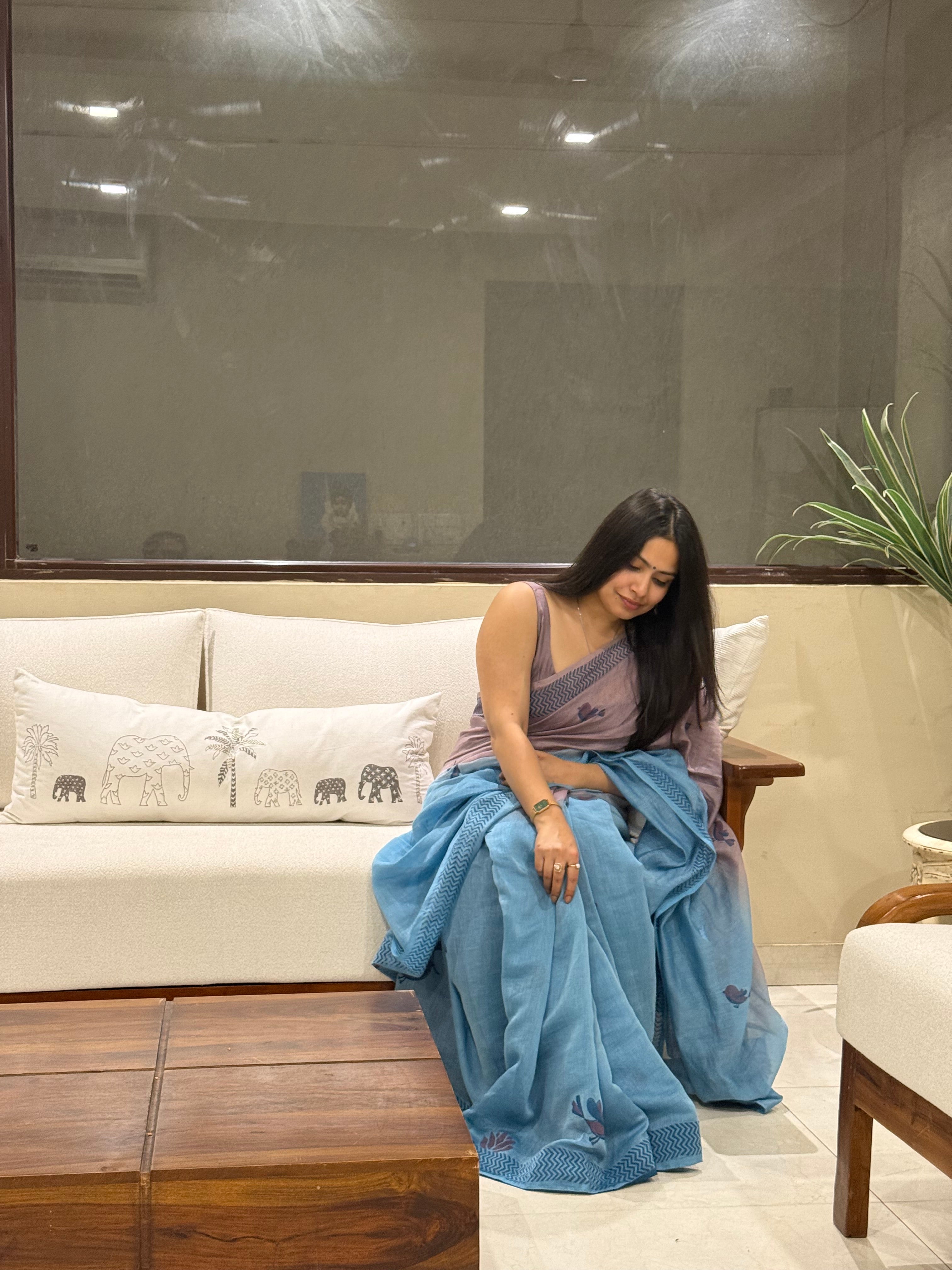 Ocean Blue Chanderi Silk Hand-block Printed Saree