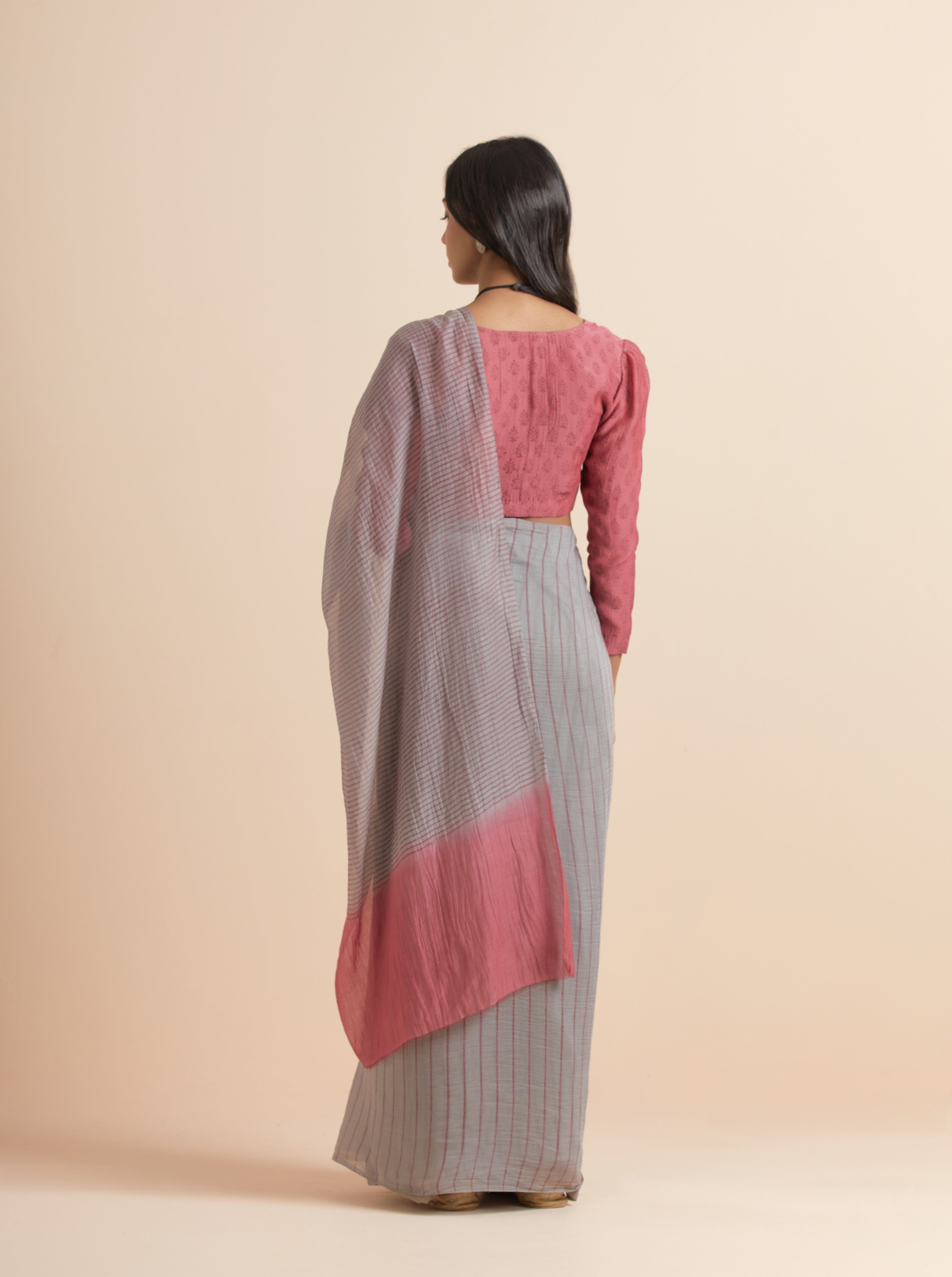 Smoke Grey Chanderi Silk Handblock Printed Saree