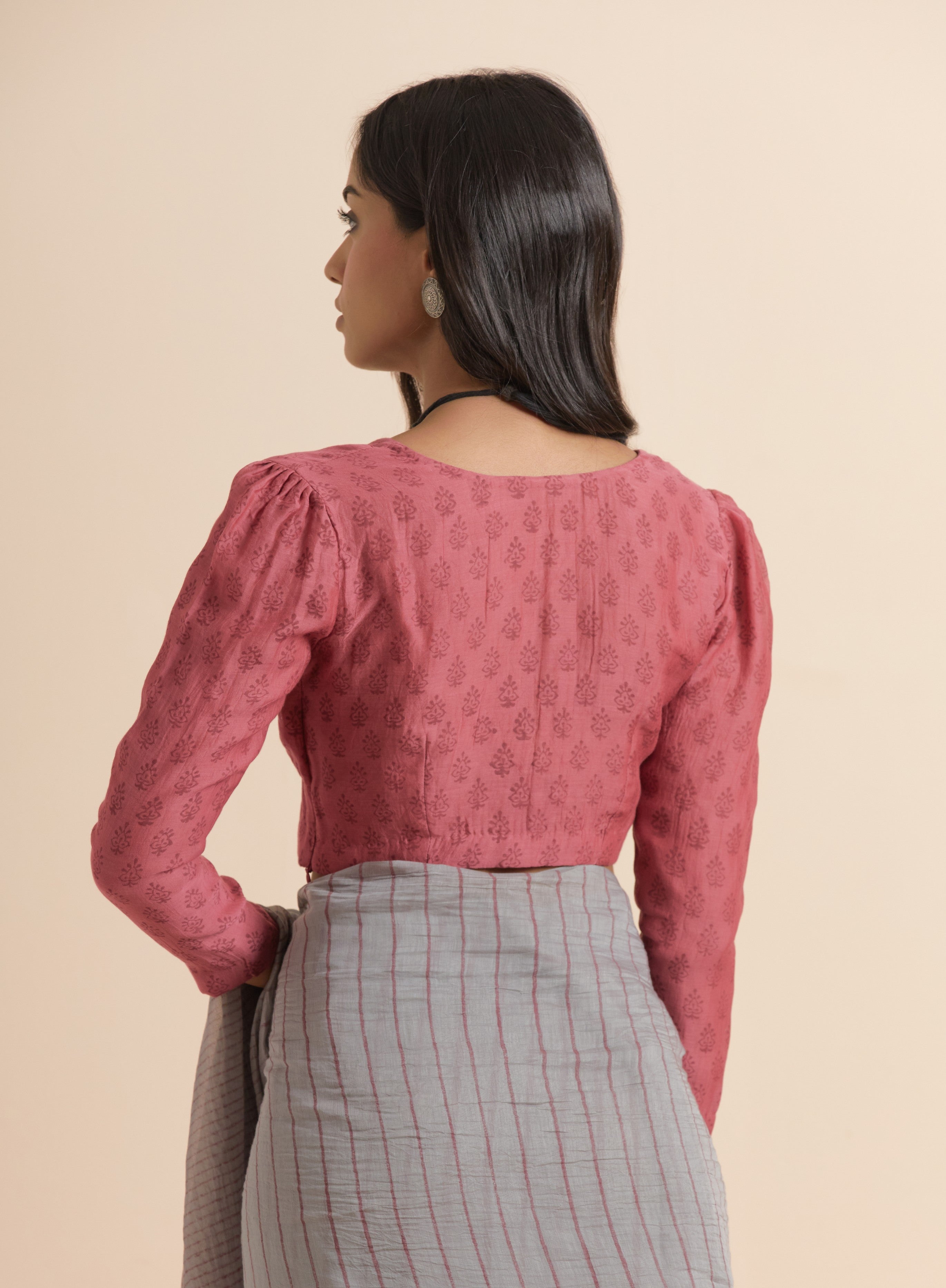 Smoke Grey Chanderi Silk Handblock Printed Saree