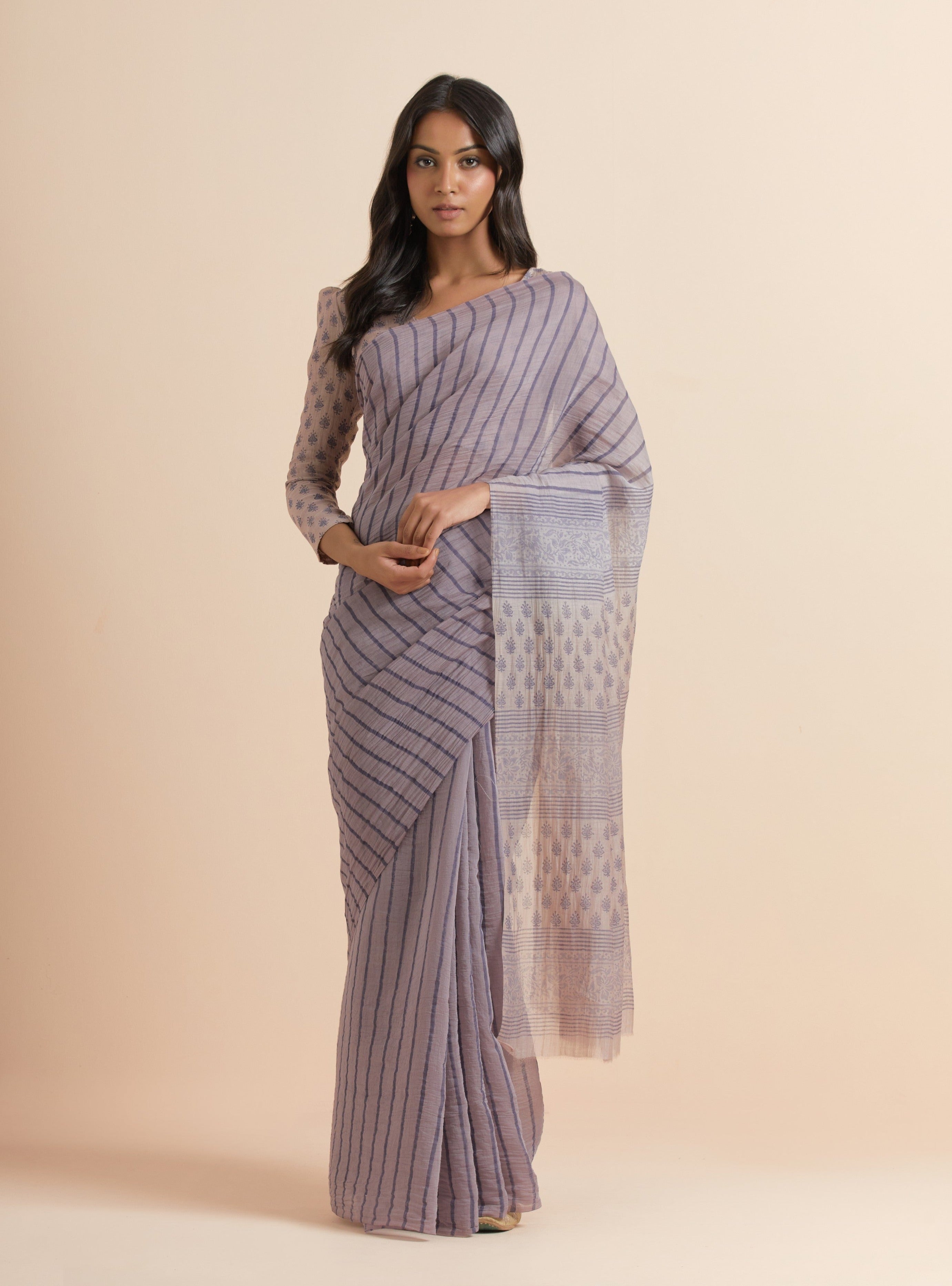 Thunder Grey Chanderi Silk Handblock Printed Saree