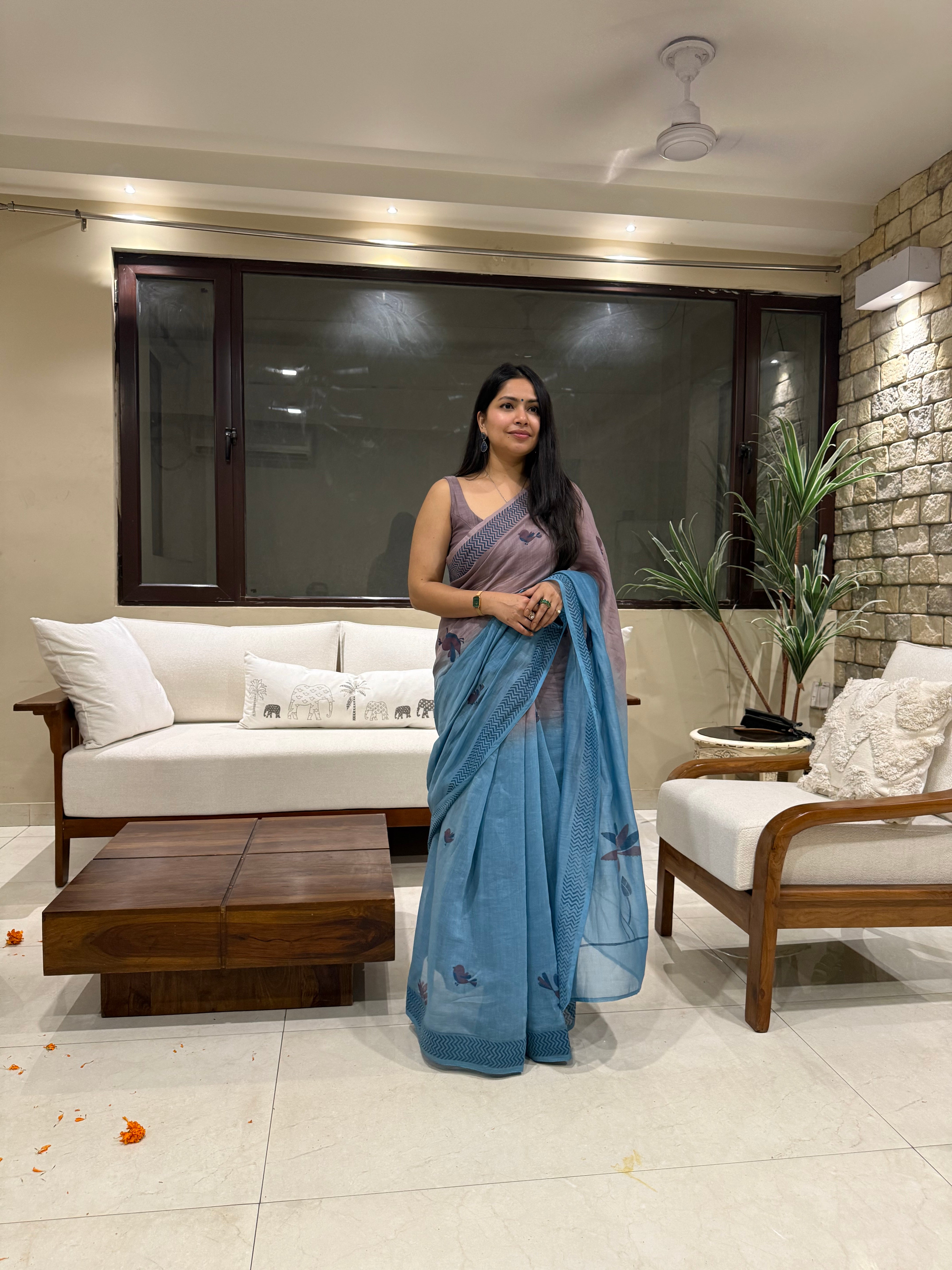 Ocean Blue Chanderi Silk Hand-block Printed Saree