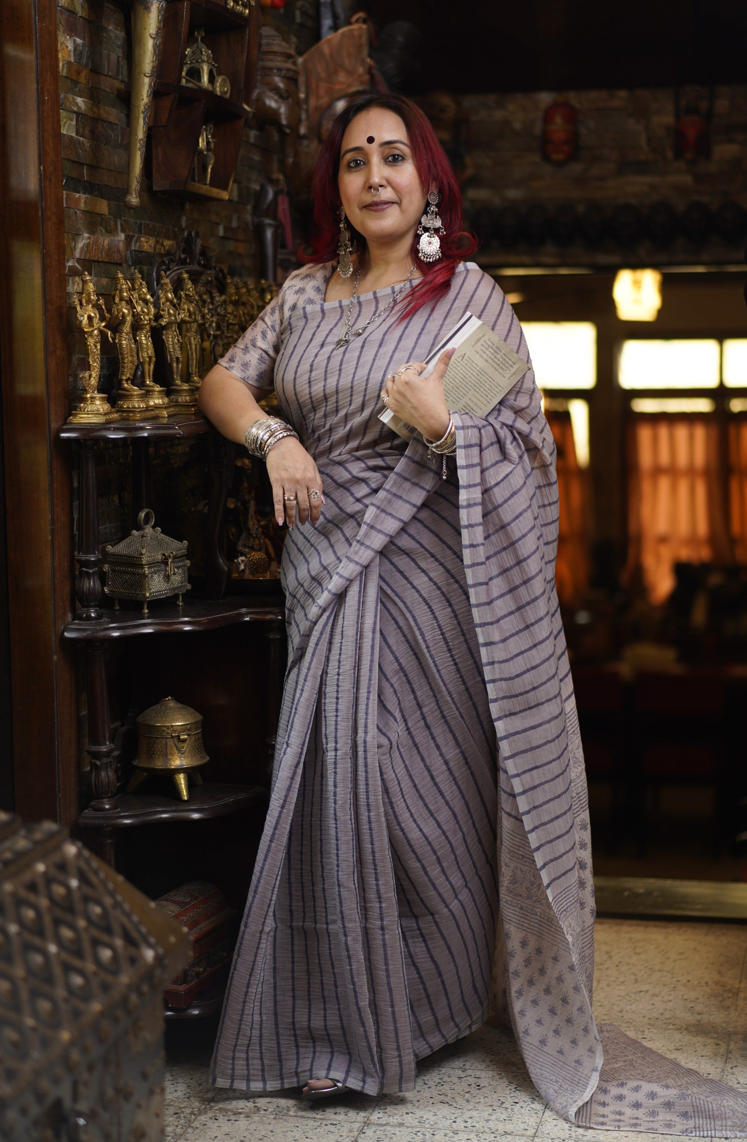 Thunder Grey Chanderi Silk Handblock Printed Saree